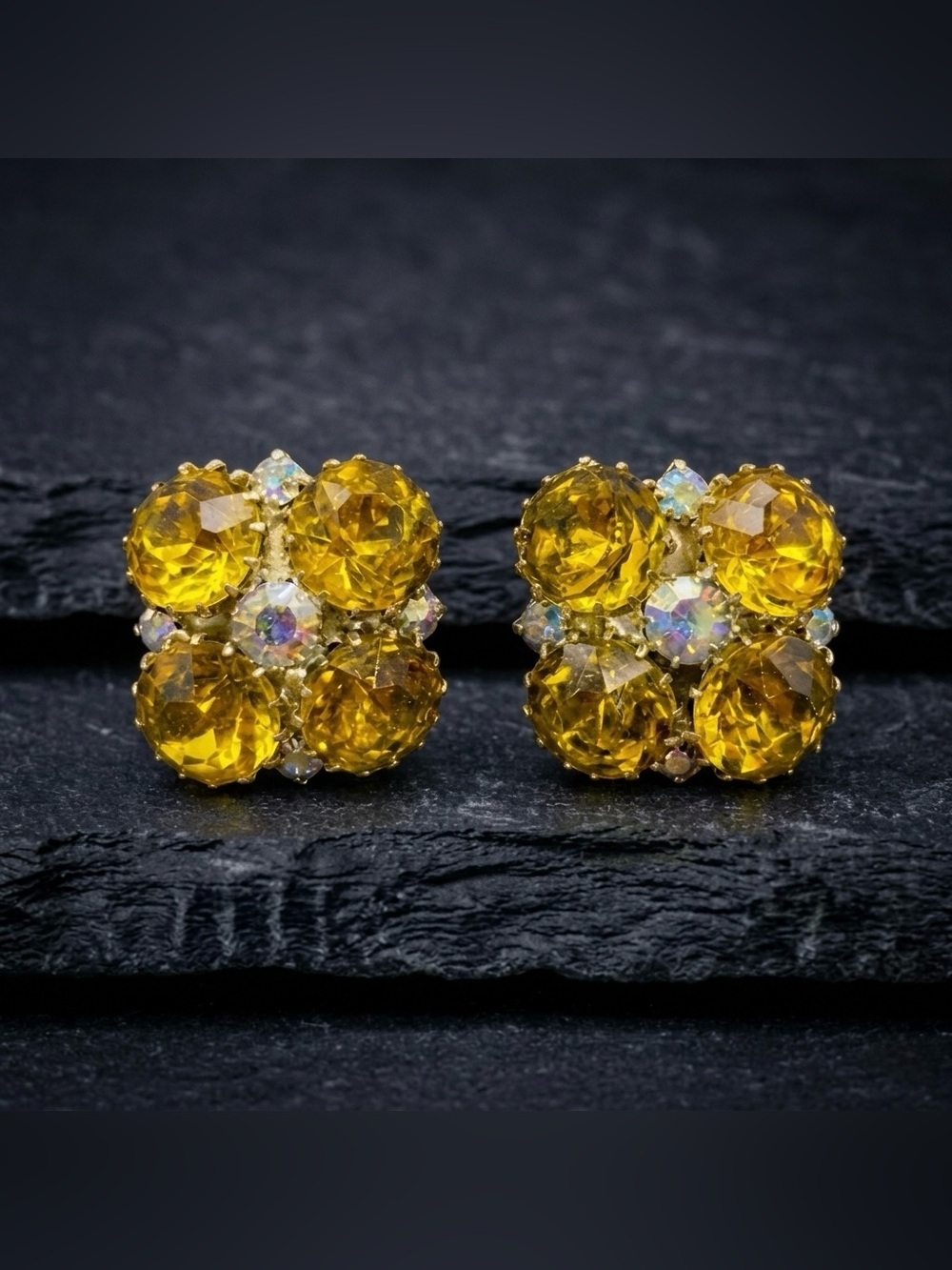 Vintage 50s Amber Topaz Glass Aurora Borealis Cluster Gold Tone Clip Earrings